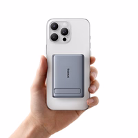 Baseus PicoGo AM31 Qi2 5000mAh 20W itin plona MagSafe suderinama išorinė baterija su stovu ir Baseus Simple USB-C 20cm pintu laidu - pilka