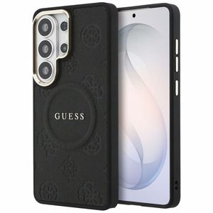 Guess Saffiano Peony Embossed Ring MagSafe dėklas Samsung Galaxy S26 Ultra juodas