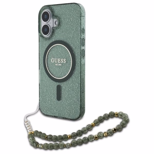 Guess IML Blizgantis su perlo dirželiu Magnetinis dėklas telefonui iPhone 16 Plus - žalias