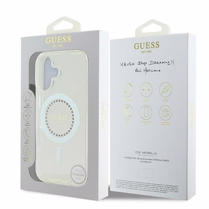 Guess IML Rhinestones magnetinis dėklas telefonui iPhone 16 - baltas