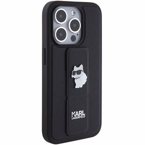 Karl Lagerfeld Gripstand Saffiano Choupette Pins dėklas telefonui iPhone 15 Pro Max - juodas