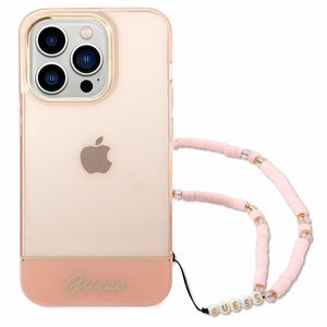 Guess GUHCP14XHGCOHP iPhone 14 Pro Max 6.7" rožinis/rožinis kietas dėklas Translucent Pearl Strap