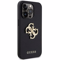 Guess Leather Perforated 4G Glitter Logo Case for iPhone 15 Pro - juodas dėklas telefonui
