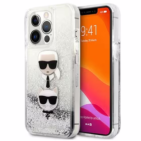 Karl Lagerfeld Skystas Glitter Karl&Choupette Galvos dėklas iPhone 13 Pro Max - sidabrinis