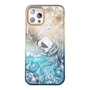 Prabangus iPhone 14 dėklas su Kingxbar Phoenix kristalais - auksinis ir mėlynas