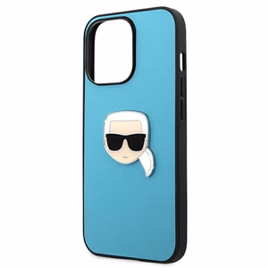 Karl Lagerfeld KLHCP13XPKMB iPhone 13 Pro Max 6,7" mėlynas kietas dėklas Leather Ikonik Karl`s Head Metal
