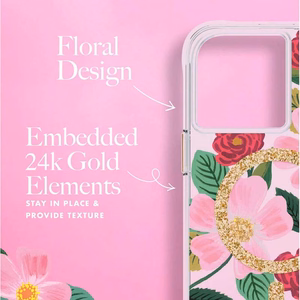 Rifle Paper Clear MagSafe dėklas, skirtas iPhone 14 Plus, su aukso spalvos dekoru, „Rose Garden“ rašto