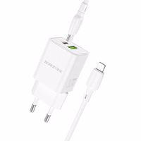 Borofone Sieninis įkroviklis BN14 Royal GaN - USB + Type C - QC 3.0 PD 30W su Type C į Lightning kabeliu baltas