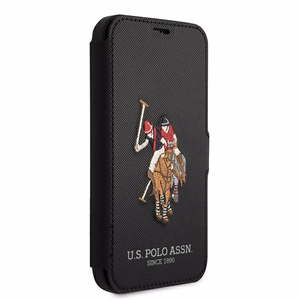 US Polo USFLBKP12SPUGFLBK iPhone 12 mini 5,4" juodas knygos tipo dėklas Polo Embroidery Collection