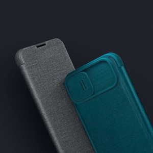 Nillkin Qin odinis dėklas iPhone 14 Plus su kameros dangteliu ir dėklu žalias