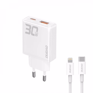 Įkroviklis Dudao A30EUL baltas 30W (1xPD / 1xQC3.0) + Type-C / Lightning laidas