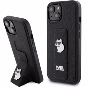 Karl Lagerfeld Gripstand Saffiano Choupette Pins dėklas telefonui iPhone 15 Plus / 14 Plus - juodas