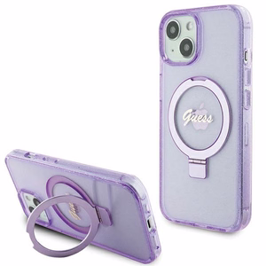 Guess dėklas telefonui su stovu Ring Stand Script Glitter magnetinis iPhone 15 Plus / 14 Plus - violetinis