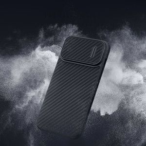 Nillkin Synthetic Fiber S dėklas iPhone 14 Pro Max su kameros dangteliu, juodas