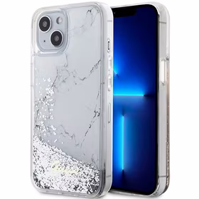 Guess Liquid Glitter Marble dėklas telefonui iPhone 14 - baltas