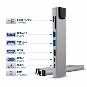 Tech-Protect HB09 USB šakotuvas 8in1 TYPE-C + USB-A 3.0 + USB-C 3.0 + HDMI 4K 60HZ + SD/TF + PD100W + RJ45 1000 MB/S - pilkas