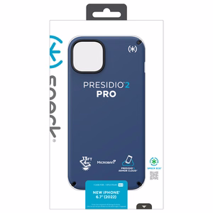 Чехол Speck Presidio2 Pro для iPhone 15 Plus / 14 Plus, с антимикробной защитой Microban, цветовая комбинация «Coastal Blue / Black / White»