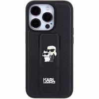 Karl Lagerfeld dėklas telefonui su stovu Gripstand Saffiano Karl&Choupette Pins iPhone 15 Pro - juodas