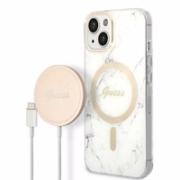 Rinkinys Guess GUBPP14SHMEACSH dėklas + įkroviklis iPhone 14 6.1" baltas/kietas dėklas Marmuras Magnetinis