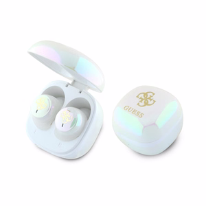 Guess Bluetooth ausinės GUTWSJ144ESH TWS + įkrovimo stotelė baltos/baltos perlamutrinės 4G spausdintas logotipas
