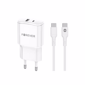Forever TC-01-20AC PD QC įkroviklis 1x USB-C 1x USB 20W baltos spalvos + USB-C - USB-C kabelis 20W