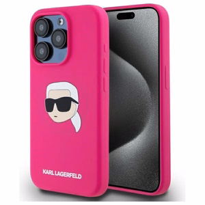 Karl Lagerfeld KLHMP15XSKHPPLF iPhone 15 Pro Max 6.7" kietasis silikoninis dėklas telefonui su Karl Head spauda ir Magnetine MagSafe funkcija, fuksinė