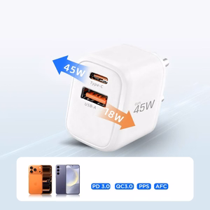 "Tech-Protect" NCA45W-GAN 2 prievadų 45 W sieninis įkroviklis su USB-C kabeliu - baltas