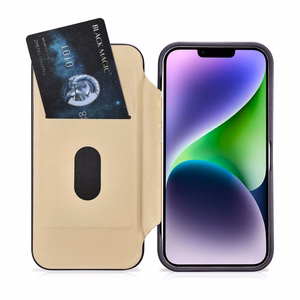 iCarer CE Premium odinis folio dėklas iPhone 14 Plus magnetinis atverčiamas odinis folio dėklas MagSafe tamsiai violetinė