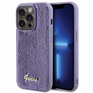 Guess Sequin Script Metal dėklas telefonui iPhone 15 Pro Max - violetinis