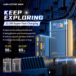 WEKOME WP-321 Vanguard Series išorinė baterija, 20000 mAh, PD 20 W + QC 22,5 W, juoda ir skaidri