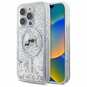 Karl Lagerfeld Liquid Glitter Karl & Choupette Head Magnetinis dėklas telefonui iPhone 16 Pro Max - skaidrus