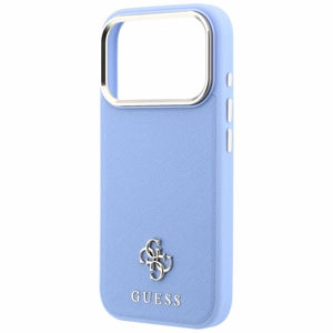 Guess Saffiano Small 4G & Classic Logo dėklas, skirtas iPhone 18 Pro / 17 Pro, suderinamas su MagSafe – šviesiai mėlynas