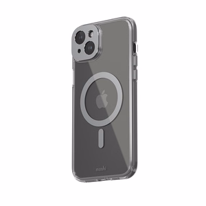 Moshi iGlaze MagSafe dėklas, skirtas iPhone 15 Plus, skaidrus su „Meteorite Gray“ spalvos detalėmis