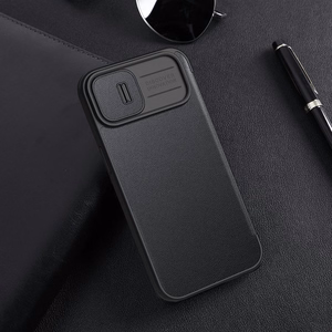 Nillkin Qin odinis dėklas iPhone 14 Plus su kameros dangteliu ir dėklu juodas