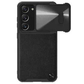 Nillkin CamShield Leather S dėklas telefonui Samsung Galaxy S23+ su kameros dangteliu juodas