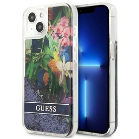 Guess GUHCP13SLFLSB iPhone 13 mini 5.4" mėlynas kietas dėklas gėlių skystas blizgučiai