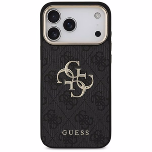Guess PU Leather 4G Metal Logo Gold Frame dėklas Apple iPhone 18 Pro Max, juodas