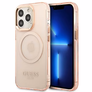 Guess GUHMP13LHTCMP iPhone 13 Pro / 13 6.1" rožinis/rožinis kietas dėklas telefonui su auksiniu kontūru, permatomas Magnetinis MagSafe
