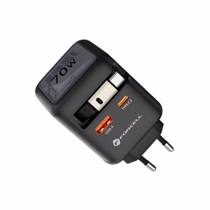 FORCELL F-ENERGY GaN III VT-R7 kelioninis įkroviklis su ištraukiamu kabeliu Type C ir 1x Type C, 1x USB A įkrovimo prievadais PD QC4.0 3A 70W pilkas