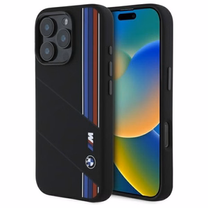 BMW silikoninis išpjautas trispalvės linijos Magnetinis dėklas telefonui iPhone 16 Pro - juodas