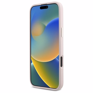 Guess Silikoninis Užrašas Metalinis Logo & Rėmelis iPhone 16 Plus Dėklas - rožinis