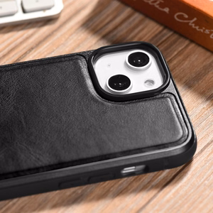 iCarer odinis Oil Wax dėklas padengtas natūralia oda iPhone 14 Plus juoda