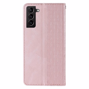 Magnetinis dėklas telefonui Samsung Galaxy S22+ (S22 Plus) su dirželiu, pinigine ir mažu pakabuku - rožinis