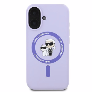 Karl Lagerfeld Silikoninis Karl&Choupette žiedas Magnetinis iPhone 16 dėklas - violetinis