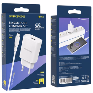 Borofone Sieninis įkroviklis BN1 Innovative - USB - 2,1A su USB į Type C baltas