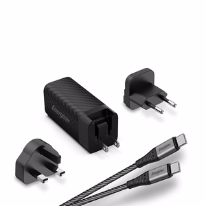 Energizer Ultimate A65MUC GaN kelioninis tinklo įkroviklis su EU / UK / US kištukais, USB-C + USB-A, 65 W PD, su USB-C laidu, juodas