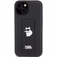 Karl Lagerfeld Gripstand Saffiano Choupette Pins dėklas telefonui iPhone 15 Plus / 14 Plus - juodas