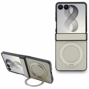 Smėlio spalvos dėklas „Guess Magnetic Ring Stand Grained Classic Logo MagSafe“, skirtas „Samsung Galaxy Z Flip8“