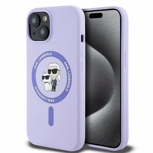Karl Lagerfeld silikoninis Karl&Choupette galvų žiedas Magnetinis iPhone 15 dėklas - Violetinis