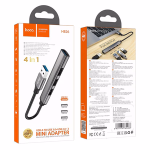 USB šakotuvas Hoco HB26 4-in-1 adapter USB-A to 1xUSB3.0 + 3xUSB2.0 pilkas